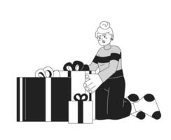 Kaukasisch dame inpakken cadeaus voor Kerstmis zwart en wit 2d tekenfilm karakter. Europese vrouw geschenkdozen geïsoleerd vector schets persoon. Kerstmis traditie monochromatisch vlak plek illustratie