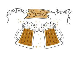 bier dag, festival, vakantie. reeks van bier mokken in lijn kunst stijl. houten teken met belettering. kalligrafie, schets tekening. oktoberfeest, oktober. vector illustratie, achtergrond geïsoleerd.