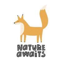 schattige grappige vos, met belettering-natuur wacht op handgetekende stijl vector