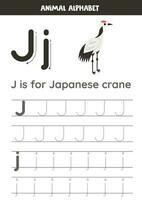 traceren alfabet brieven voor kinderen. dier alfabet. j is voor Japans kraan. vector