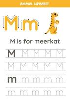 traceren alfabet brieven voor kinderen. dier alfabet. m is voor stokstaartje. vector