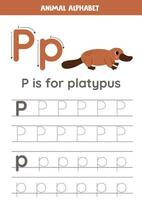 traceren alfabet brieven voor kinderen. dier alfabet. p is voor vogelbekdier. vector