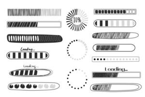 reeks bezig met laden bar, vooruitgang in tekening stijl geïsoleerd Aan wit achtergrond. indicator, lijn hand- getrokken schetsen. vector illustratie