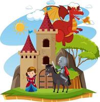 prins en prinses bij het kasteel met draak vector