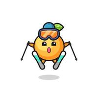 oranje fruit mascotte karakter als ski-speler vector