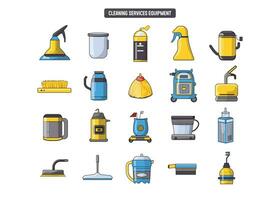 schoonmaak onderhoud uitrusting icoon verzameling, huishouden schoonmaak baan gereedschap gekleurde vector illustratie