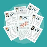 handen Holding CV papieren. menselijk middelen beheer concept, zoeken professioneel personeel, analyseren hervat papieren, werk. vlak vector illustratie.