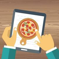 bestellen pizza Aan lijn. Mens Holding tablet en bestellen pizza. vlak vector illustratie.