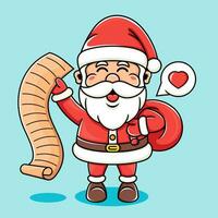 tekenfilm illustratie van de kerstman draag- een geschenk zak en papier lijst schattig schattig. vector