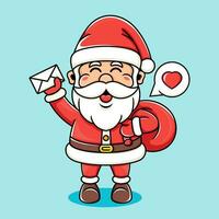 tekenfilm illustratie van de kerstman ontvangen een bericht en draag- een geschenk zak grappig schattig vector