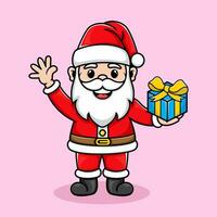 schattig de kerstman claus groeten met een geschenk doos in zijn hand- vector