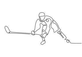 één lijntekening van ijshockeyspeler trekt en schiet bal met stok vector