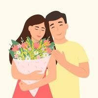 Mens knuffelen een vrouw met een boeket van bloemen.jong glimlachen Mens en vrouw, vriendin en vriendje of getrouwd paar. familie of verhouding concept.vector illustratie vector