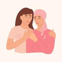 de vrouw omarmt de ziek vriend. borst kanker bewustzijn maand concept van ondersteuning en solidariteit met Dames vechten oncologisch ziekte. vector illustratie