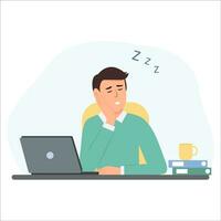 moe bedrijf Mens slaap Aan werkplek. kantoor arbeider nemen een dutje Bij bureau. overwerk, vermoeidheid. vector illustratie.