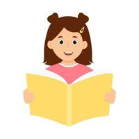 gelukkig kind lezing een boek. glimlachen gelukkig leerling Holding een Open boek. vector illustratie geïsoleerd