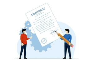 bedrijf contract concept, overeenkomst illustratie, samenspel en samenwerking, vennootschap, bedrijf opstarten strategie, contract overeenkomst ondertekening karakters. vlak vector illustratie Aan achtergrond.