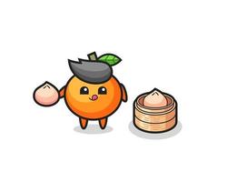 schattig mandarijn-personage dat gestoomde broodjes eet vector