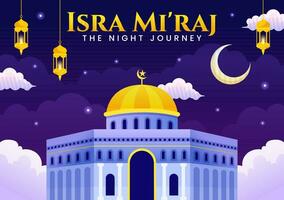 isra mi'raj vector illustratie. vertaling de nacht reis profeet Mohammed. met moskee en lantaarn in Islamitisch vakantie vlak tekenfilm achtergrond