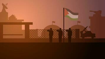 Palestina leger baseren landschap vector illustratie. silhouet van leger groet naar Palestina vlag in leger baseren. leger illustratie voor achtergrond, behang, kwestie en conflict