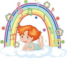 cupidojongen op de wolk met melodiesymbolen op regenboog vector