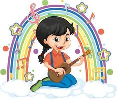 meisje gitaar spelen op de wolk met regenboog vector