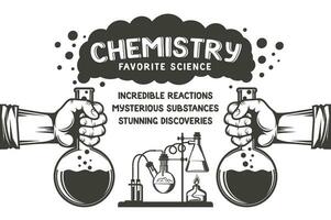 chemie retro poster - handen met kolven, rook, chemisch reacties en inscripties. vector