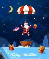 Kerstmis de kerstman daalt af naar dak Aan een parachute. vector