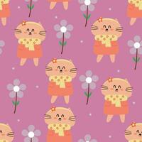 naadloos patroon met schattig tekenfilm katten, en Purper bloemen voor kleding stof afdrukken, textiel, geschenk omhulsel papier. kleurrijk vector voor kinderen, vlak stijl