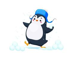 tekenfilm schattig grappig pinguïn het werpen sneeuwballen vector