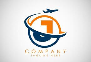 eerste alfabet j met vliegtuig. reizen pictogrammen. luchtvaart logo teken, vliegend symbool. vlucht icoon vector