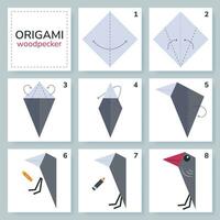 specht origami regeling zelfstudie in beweging model. origami voor kinderen. stap door stap hoe naar maken een schattig origami vogel. vector illustratie.