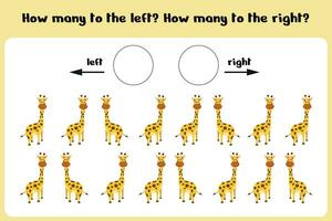 logisch spel voor kinderen links rechts. opleiding vel. tellen hoe veel giraffen zijn draaide zich om links en hoe veel zijn Rechtsaf. vector illustratie