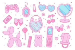 schattig barbiecore set. roze vrouwen accessoires. kawaii glamour. tiener- meisjesachtig stijl. nostalgisch roze kern jaren 2000 stijl. lippenstift, bril, ticket, lolly ring, gelei bears kleverig, tamagotchi, omdraaien telefoon. vector