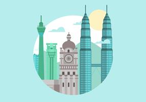 Maleisië Kuala Lumpur Landmark Flat Vector Illustration