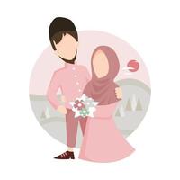 islam bruidspaar met boeket bloemen vector