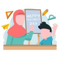 leraar met hijab die de dag van de leraar viert met haar leerling vector