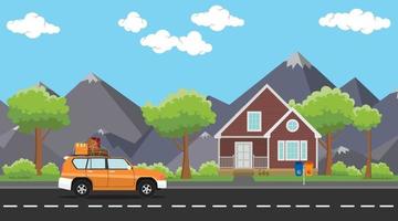 auto verplaatsen met een pak partij goederen op de weg met huis en boom vector