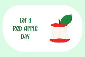 eten rood appel dag groet kaart, vector illustratie van tekenfilm stijl rood appel met beet teken.