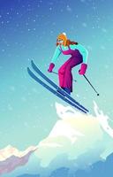 vrouw skiën in de bergen vector