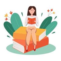 jonge vrouw leesboek over grote boeken. vector