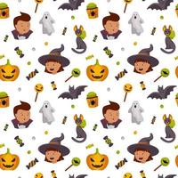 halloween schattig naadloos patroon met kinderen, kat, pompoen en snoep. vector