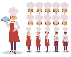 personagecreatieset voor vrouwelijke chef-koks met verschillende weergaven vector