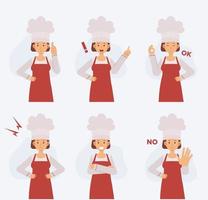 half lichaam vrouwelijke chef-kok vector tekenset met verschillende acties