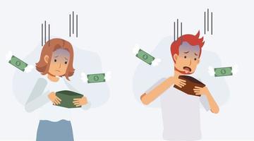 man en vrouw maken zich zorgen over geld in wallet.lack of money concept. vector