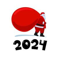 de kerstman claus tekenfilm karakter komt eraan en draagt groot zwaar cadeaus rood tas. Kerstmis en gelukkig nieuw jaar 2024 vakantie groet kaart Aan wit achtergrond. vector viering kalender eps illustratie