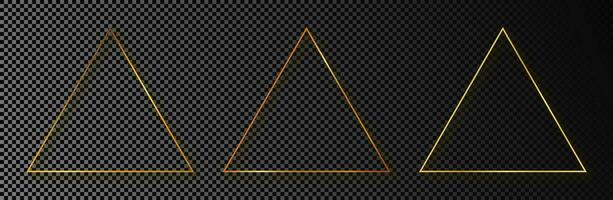 reeks van drie goud gloeiend driehoek kaders geïsoleerd Aan donker achtergrond. glimmend kader met gloeiend Effecten. vector illustratie.