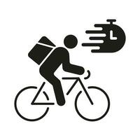 snel Verzending van voedsel of goederen silhouet icoon. uitdrukken levering onderhoud glyph pictogram. koerier Aan fiets met klok solide teken. postbode met doos Aan fiets symbool. geïsoleerd vector illustratie.