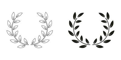 laurier lauwerkrans, kroontje, zege certificaat symbool verzameling. foliate prijs lijn en silhouet zwart icoon set. boom tak, winnaar embleem, olijf- blad pictogram. geïsoleerd vector illustratie.