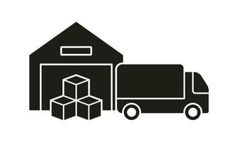 vervoer en pakhuis silhouet icoon. logistiek symbool. vrachtauto en magazijn glyph pictogram. lading doos laden in voertuig van opslagruimte gebouw solide teken. geïsoleerd vector illustratie.